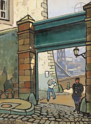 a painting of a man walking down a cobblestone street