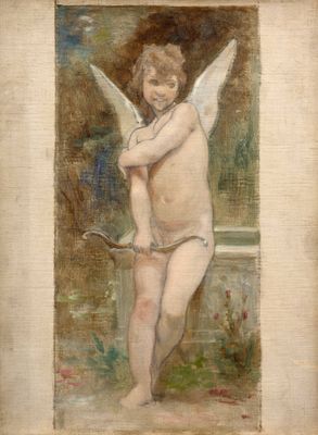 tableau représentant un jeune Cupidon tenant une raquette de tennis dans la main droite