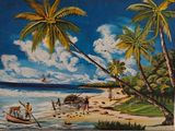 painting of a beach scene with palm trees and people on the shore