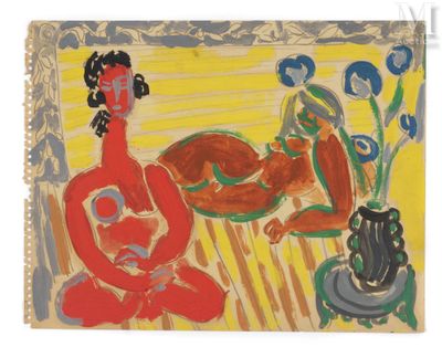 une peinture représentant une femme assise sur une chaise à côté d'un vase de fleurs