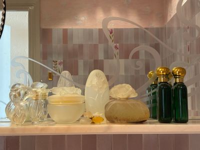 un comptoir sur lequel sont posées de nombreuses bouteilles et des savons