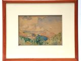 an image of a painting of a mountain range in a wooden frame