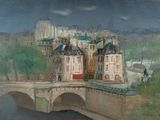 peinture représentant un tableau d'un pont enjambant une rivière, avec un château en arrière-plan