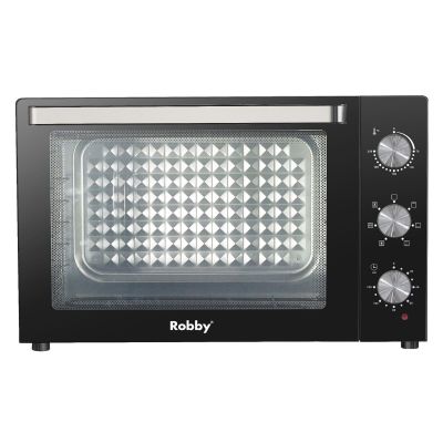 a black toaster oven with a glass door on a white background