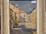 an oil painting of a street scene with buildings and a dog in the foreground