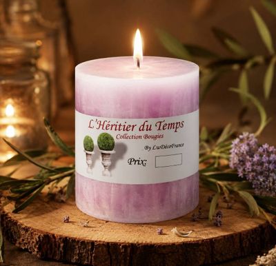 une bougie rose posée sur une table en bois, à côté de fleurs