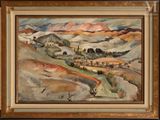an image of a painting of a landscape with hills and trees