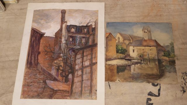 Aquarelle et pastel « église de village » « maison »