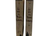 pair of old books with writing on them sitting on a white surface