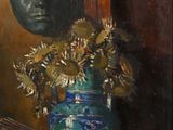 a painting of a violin and a vase of flowers