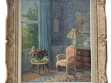 an image of a painting of a woman sitting in a chair in a room