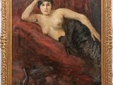 an image of a painting of a woman laying on a red couch