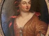 painting of a woman in a brown dress with a red ribbon