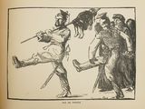 illustration of a drawing of a man holding a sword in a crowd of people