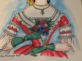 un dessin représentant une femme vêtue d'une robe rouge et de gants verts