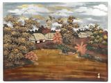 painting of a landscape with a river and a village in the distance