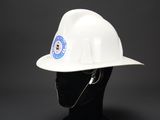 a close up of a white hard hat on a mannequin head