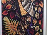 tableau représentant un oiseau perché sur une branche, avec des feuilles et des fleurs