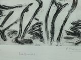 a black and white drawing of two pelicans in a field