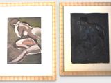 two framed paintings of a woman and a man sitting on a couch