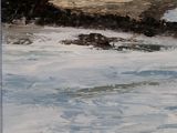 a painting of a boat in the water by the shore