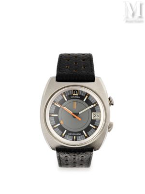 une image représentant une montre avec un bracelet en cuir noir et des aiguilles orange
