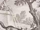 a drawing of a man and a dog in a boat