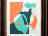 painting of a vase with a green and orange design in a black frame
