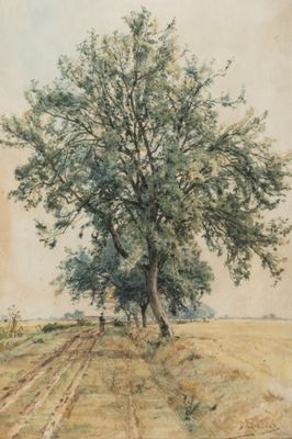 an image of a painting of a tree in a field