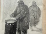 an old drawing of a man and a woman cooking in the snow
