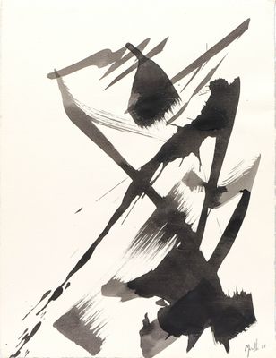 black and white ink painting of abstract shapes on a white background