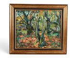 une peinture à l'huile représentant des arbres dans une zone boisée, avec des feuilles au sol