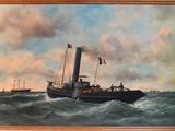 an oil painting of a steam ship in the middle of a body of water