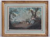 a painting of a woman sitting on a hill next to a dog