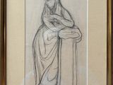 dessin représentant une femme assise sur un rebord, une canne à la main
