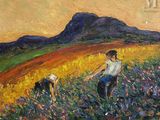 une peinture à l'huile représentant deux personnes dans un champ, avec une montagne en arrière-plan