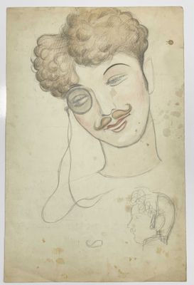 un vieux dessin représentant une femme aux cheveux bouclés et portant une moustache