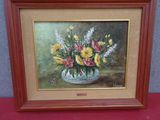 painting of a vase of flowers on a table with a red table cloth
