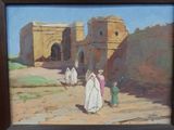 an oil painting of a group of people walking in front of a building