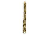 a close up of a gold bracelet on a white background
