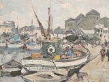 un tableau représentant un bateau dans un port, avec des gens qui se promènent autour
