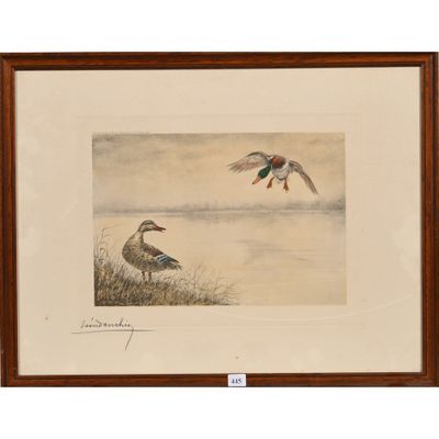deux canards survolant un plan d'eau dans un tableau