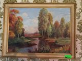 a painting on the wall of a room with a painting of a river