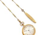 an image of a gold pocket watch with a chain on a white background