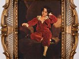 tableau représentant un jeune garçon en costume rouge, assis sur une chaise