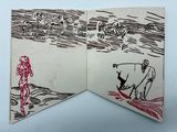 an open book with a drawing of a man on a surfboard