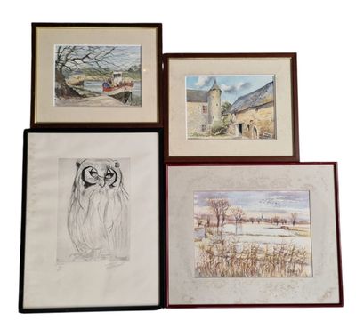 quatre dessins encadrés représentant une grange, une grange et un hibou