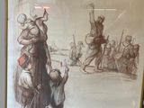 painting of a woman and child on a horse in front of a group of soldiers