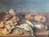 a painting of a dead bird on a table next to a glass of wine