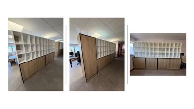 plusieurs photos d'une pièce contenant un bureau et des étagères